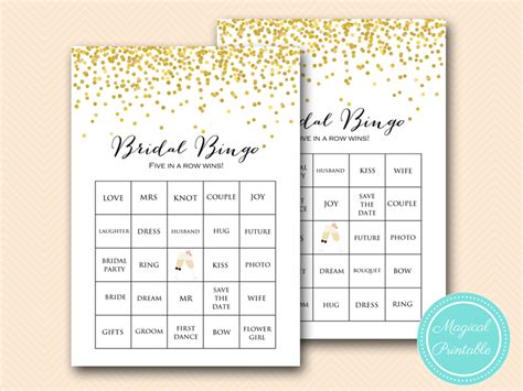 Gold Bridal Shower Games Bingo Prefilled Magical Printable