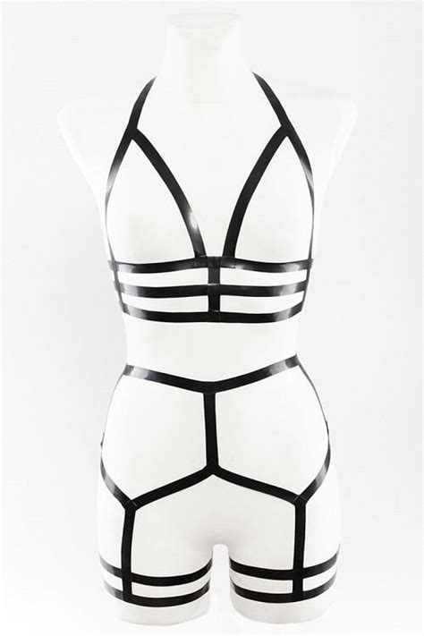 Sexy Black Natural Latex Bandage Goth Cage Latex Bra Top Body Harness