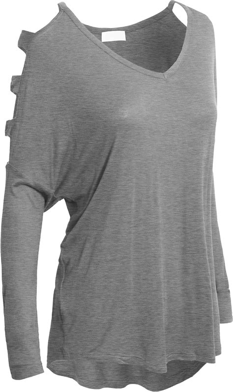 Womens V Neck Cut Out Cold Shoulder Dolman Long Sleeve Lightweight Casual Top Heather Grey At