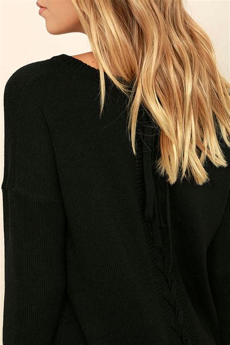 Sexy Black Sweater Lace Up Sweater Knit Sweater 5800