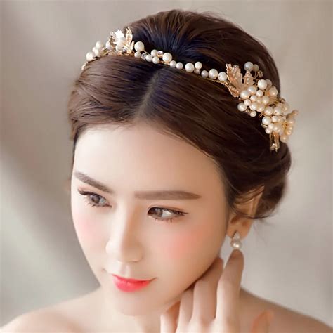 Gold Rhinestone Pearl Hair Jewelry Leaves Bridal Headband Tiara Wedding Hair Accessories