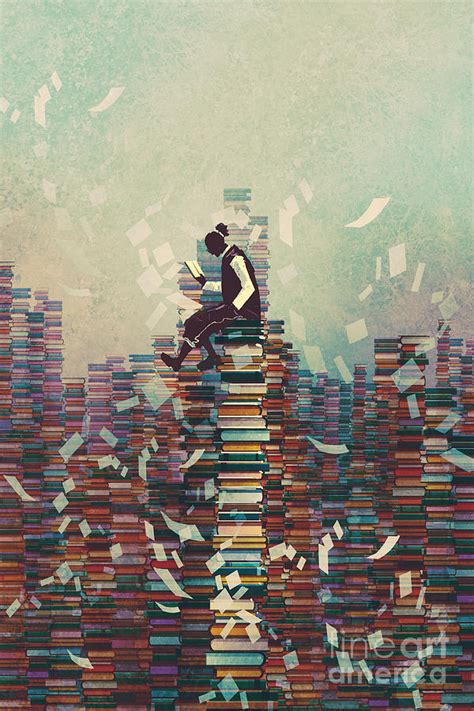 Man Reading Book While Sitting On Pile Digital Art By Tithi Luadthong