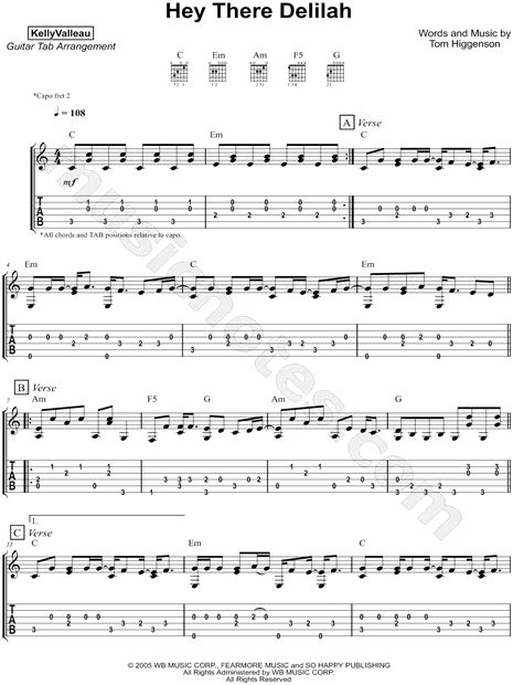 Hey There Delilah Guitar Tabs Easy Version