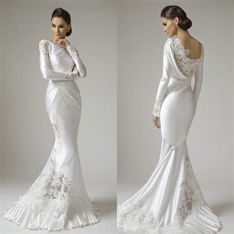 Mermaid Long Sleeves Appliques White Satin Lace Wedding Dresses 2015