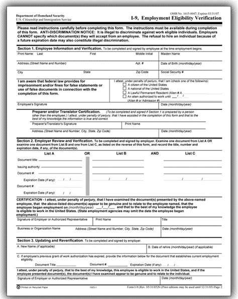 Printable Form I 9 Employment Eligibility Verification Printable