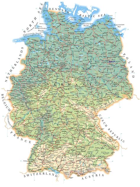 Large detailed elevation map of germany with administrative divisions, roads and cities. Large detailed road map of Germany with all cities ...