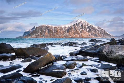 Rocky Coast Of Fjord Of Norwegian Sea In Winter Skagsanden Beach