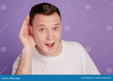 Portrait Of Curious Eavesdropping Guy Hands Ear Listen On Purple