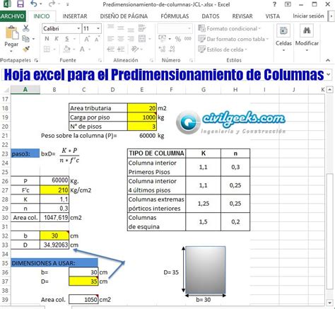 Hoja Excel Para El Predimensionamiento De Columnas Calculo De Vigas