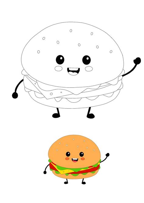 A fragrant, hot, juicy burger is great, isn't it? Cute Kawaii Burger coloring page | Coloring pages, Free ...