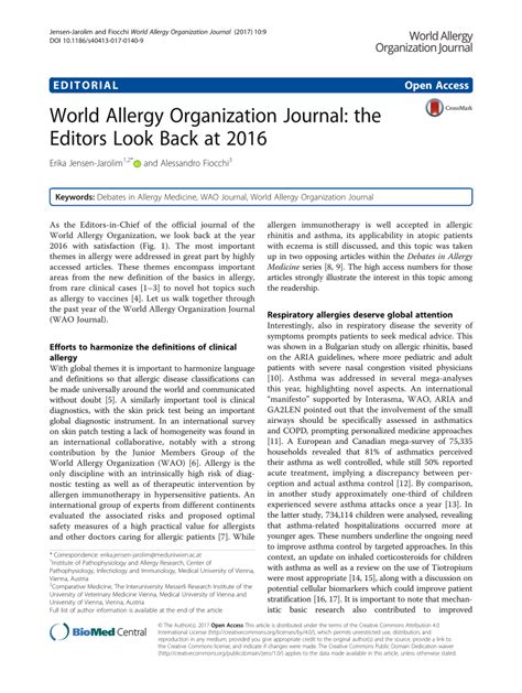 Pdf World Allergy Organization Journal The Editors Look Back At 2016