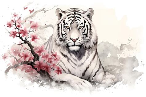 Premium Ai Image Image Of Tiger With Pink Cherry Blossoms In Ancient