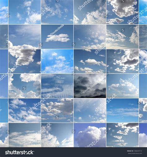 Collage Of Many Different Blue Skies With White Clouds Stock Photo