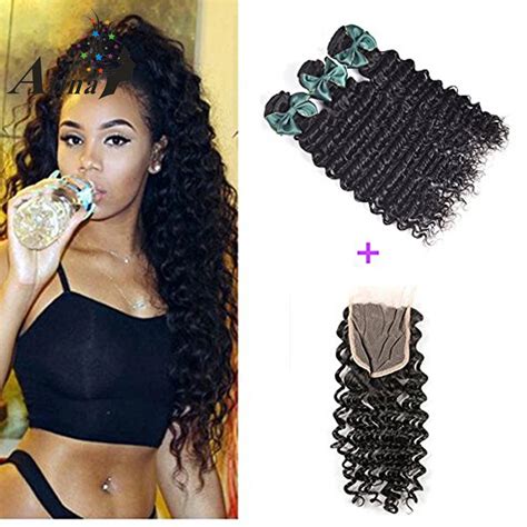 buy peruvian hair bundles with closure deep wave curly human hair bundles with