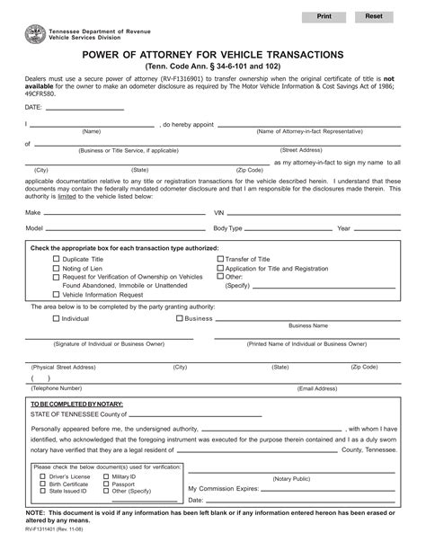 Free Tennessee Vehicle Power Of Attorney Form Rv F1311401 Pdf Eforms