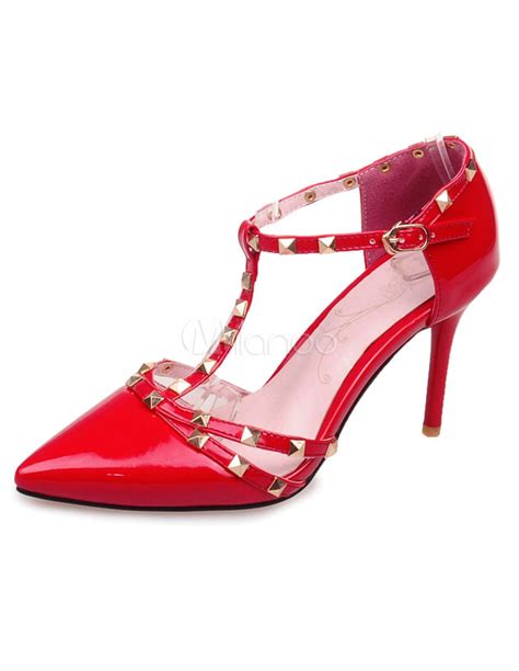 Stud Sandals Red Pointed Toe Patent Pu Heels For Women