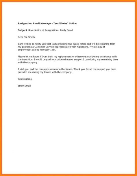 25 Resignation Letter Email Example For 2 Weeks Notice Template Word