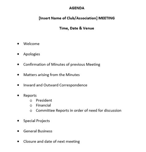 sample basic meeting agenda templates printable samples