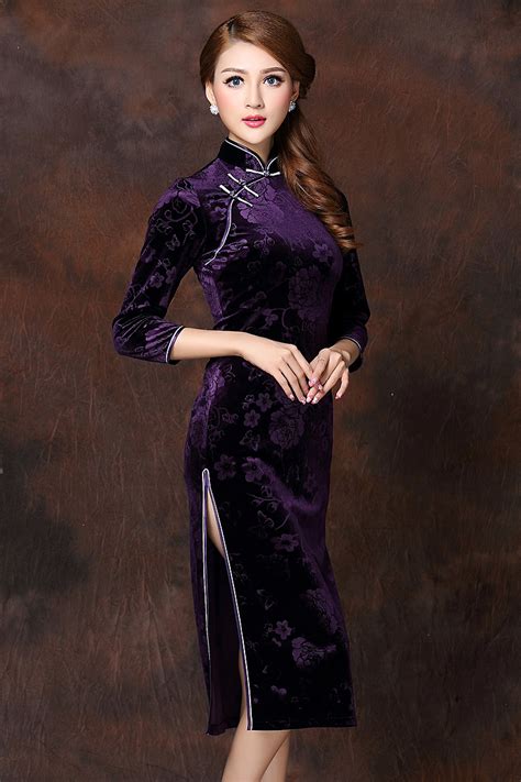 marvelous flowers velvet qipao cheongsam dress purple qipao cheongsam and dresses women