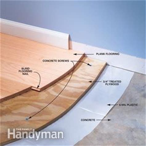 Flooring is 3/8 thick oak veneer (1/8 oak) glued over a concrete slab. Installing Wood Flooring Over Concrete | The Family Handyman