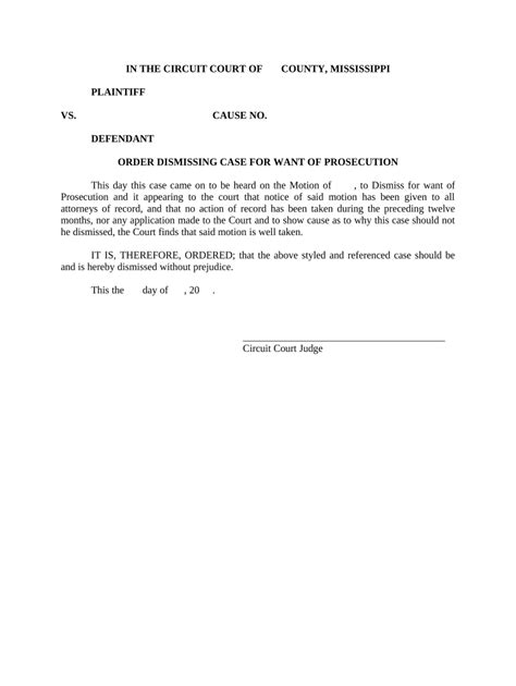 Order Dismissing For Want Of Prosecution Mississippi Form Fill Out