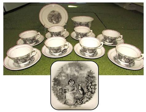 OLD Antique White Porcelain Black Transferware Set 8 Tea Cup
