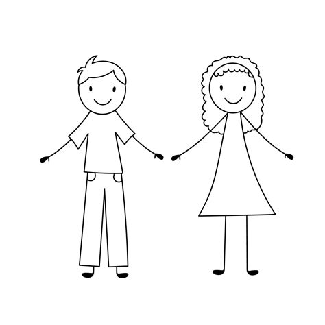 Cute Stick Smiling Girl And Boy Vector Illustration In Doodle Style