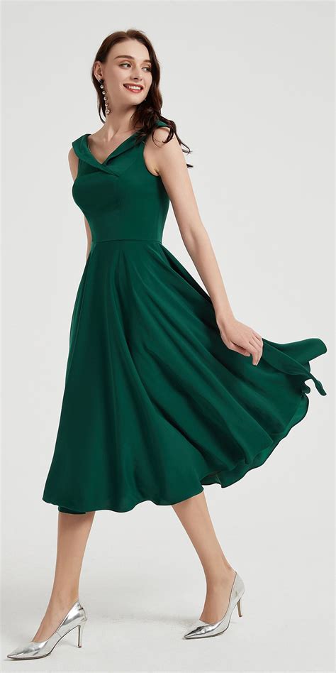 Edrerssit New Green Elegant Satin Tea Length Party Dress 04200104