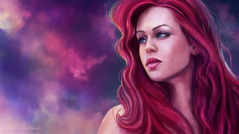 The Little Mermaid Redhead Portrait Painting Full Hd Desktop Wallpaper