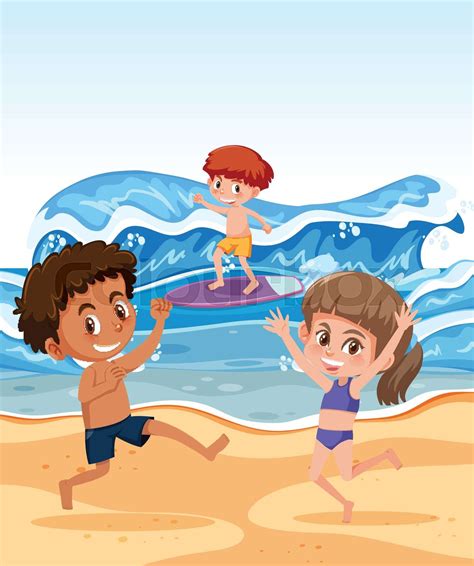 Children Playing At The Beach Stock Vector Colourbox