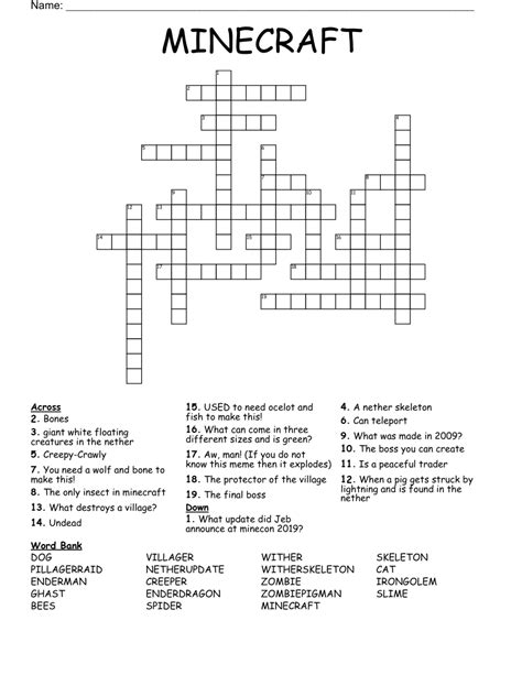 Minecraft Crossword Puzzle Printable Printable Word Searches