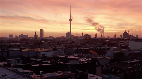 4k Stock Footage Aerial Of Berlin City Skyline At Sunsetsunrise