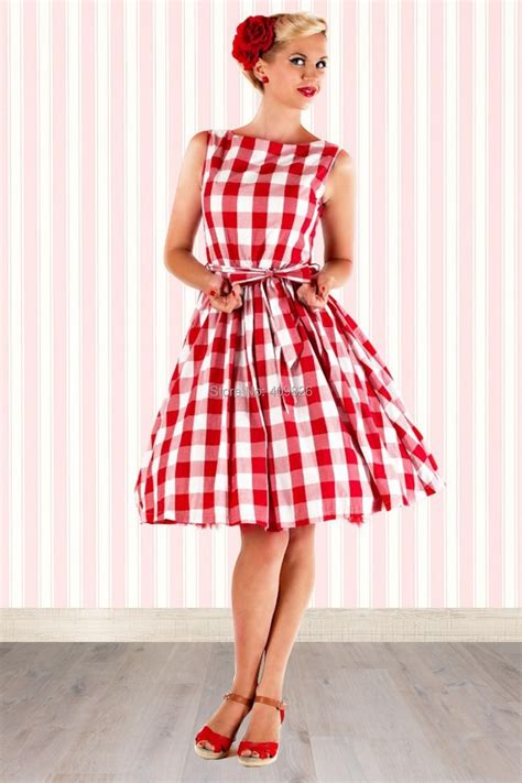 50s Pin Up Audrey Hepburn Style Classic Retro Big Red White Plaid Check Swing Dress Rockabilly