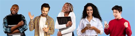 Multicultural People With Diverse Gadgets Standing Over Blue Background