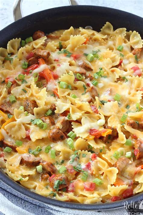 Cream cheese for a creamy sauce without any heavy cream, chunks of sausage for mini meatballs. One Pot Cheesy Sausage and Peppers Pasta - Belle of the ...