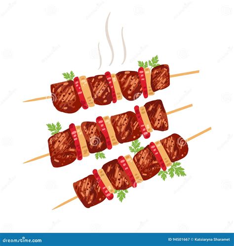 Shish Kebab on Skewers with Onions and Tomatoes. Stock Vector
