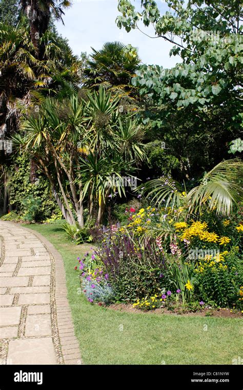 Subtropical Garden Flowerbeds Within Abbotsbury Gardens Dorset Uk