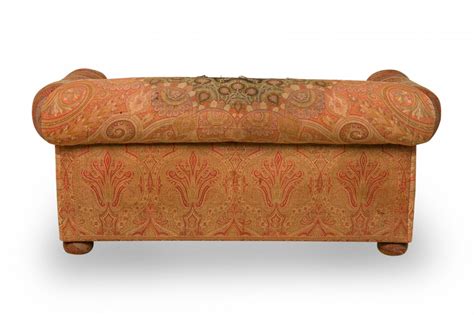 French Victorian Red And Gold Paisley Fabric Upholstered Loveseat