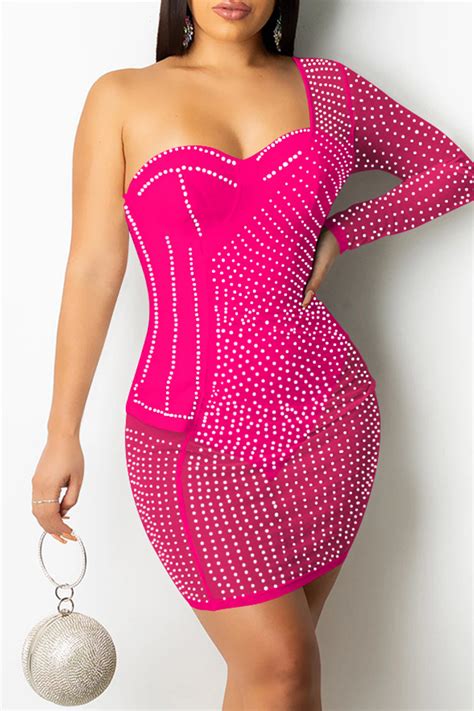 Pink Sexy Patchwork Hot Drilling See Through Backless Long Sleeve Dressesclub Dresses