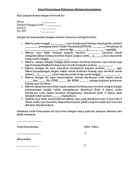 Download contoh surat pernyataan satker.pdf. Surat Pernyataan Pelunasan Hutang Dan Jaminan