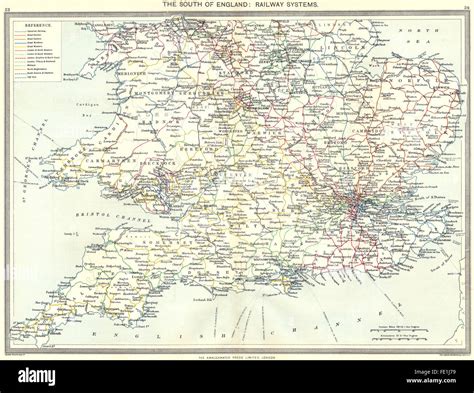 England The South Of England Railway Systems 1907 Antique Map Stock