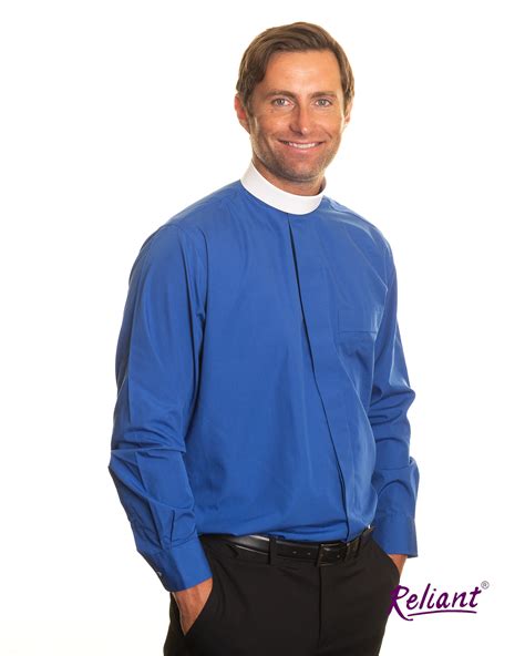 Mens Neckband Collar Fly Front Long Sleeve Clerical Shirt Royal Blue