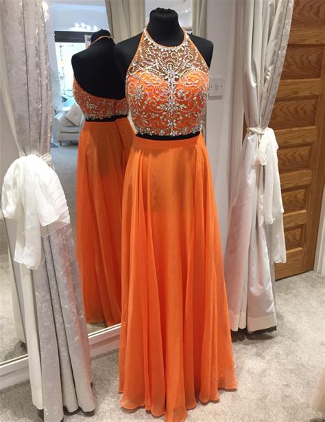Orange Chiffon 2 Piece Prom Dressestwo Piece Formal Dresseslong Prom