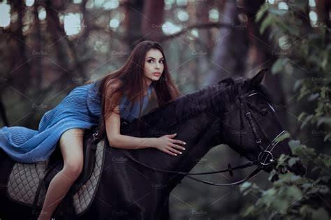 Beautiful Woman Riding Horse In Forest High Quality Beauty And Fashion