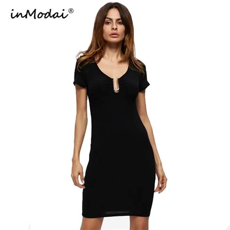 Inmodai Sexy V Neck Party Dress Women Bodycon Short Sleeve Pencil Dress Black Club Wear Bandage