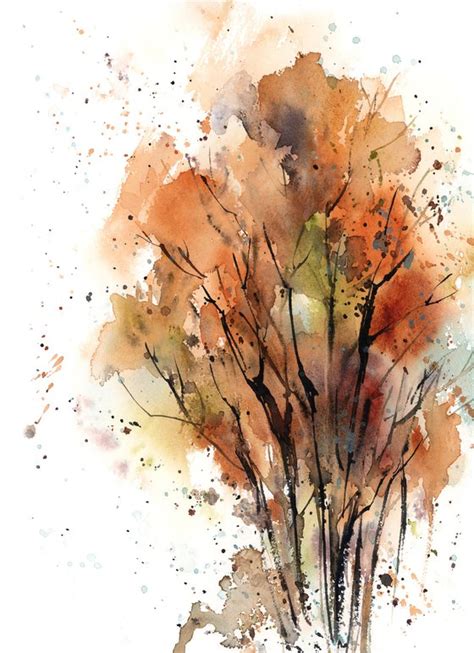 Abstract Autumn Trees Landscape Nature Watercolor Painting Trees