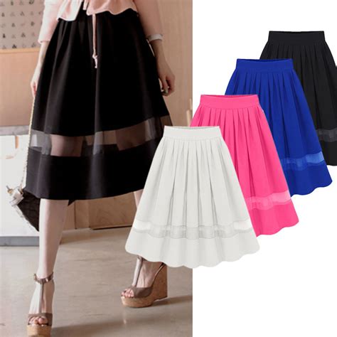 Women Chiffon High Waist A Line Splice Flared Short Dress Pleated Midi Skirt