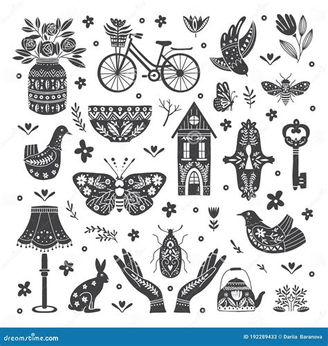 Set Of Folk Art Cliparts In Scandinavian And Nordic Style Stock Vector