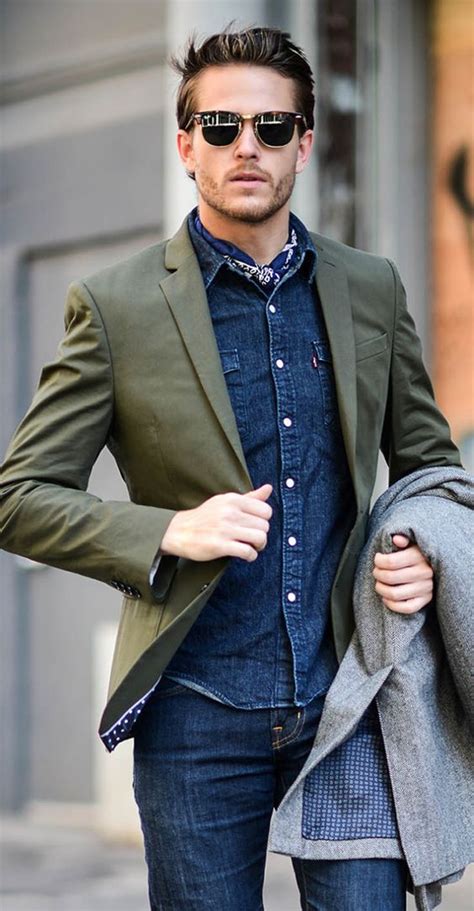 Picture Of Jeans And A Denim Shirt An Olive Green Blazer For A Relaxed Day