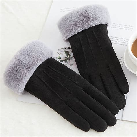 Wodstyle Women Suede Faux Fur Fleece Lined Soft Gloves Touch Screen